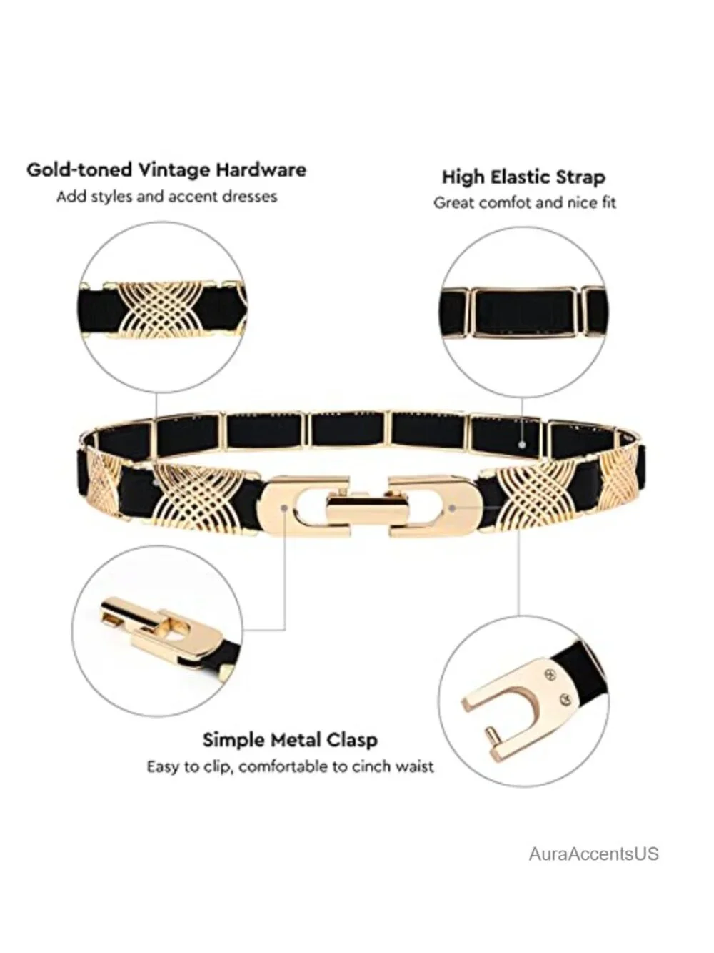 Gold Elastic Stretch Dress Belt Adjustable Skinny Waist Cinch for Wedding Party